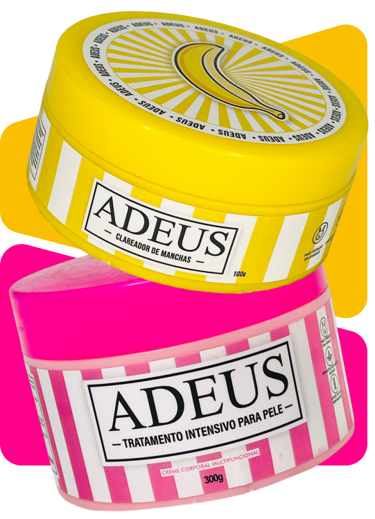 Produtos ADEUS empilhados com fundo colorido - Tratamento intensivo para pele perfeita